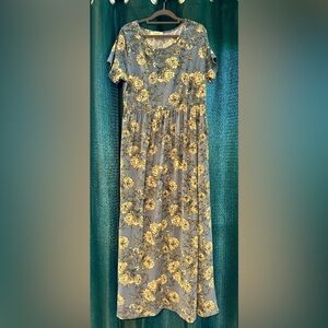 Blue and Cream Floral Maxi Dress with Pockets!